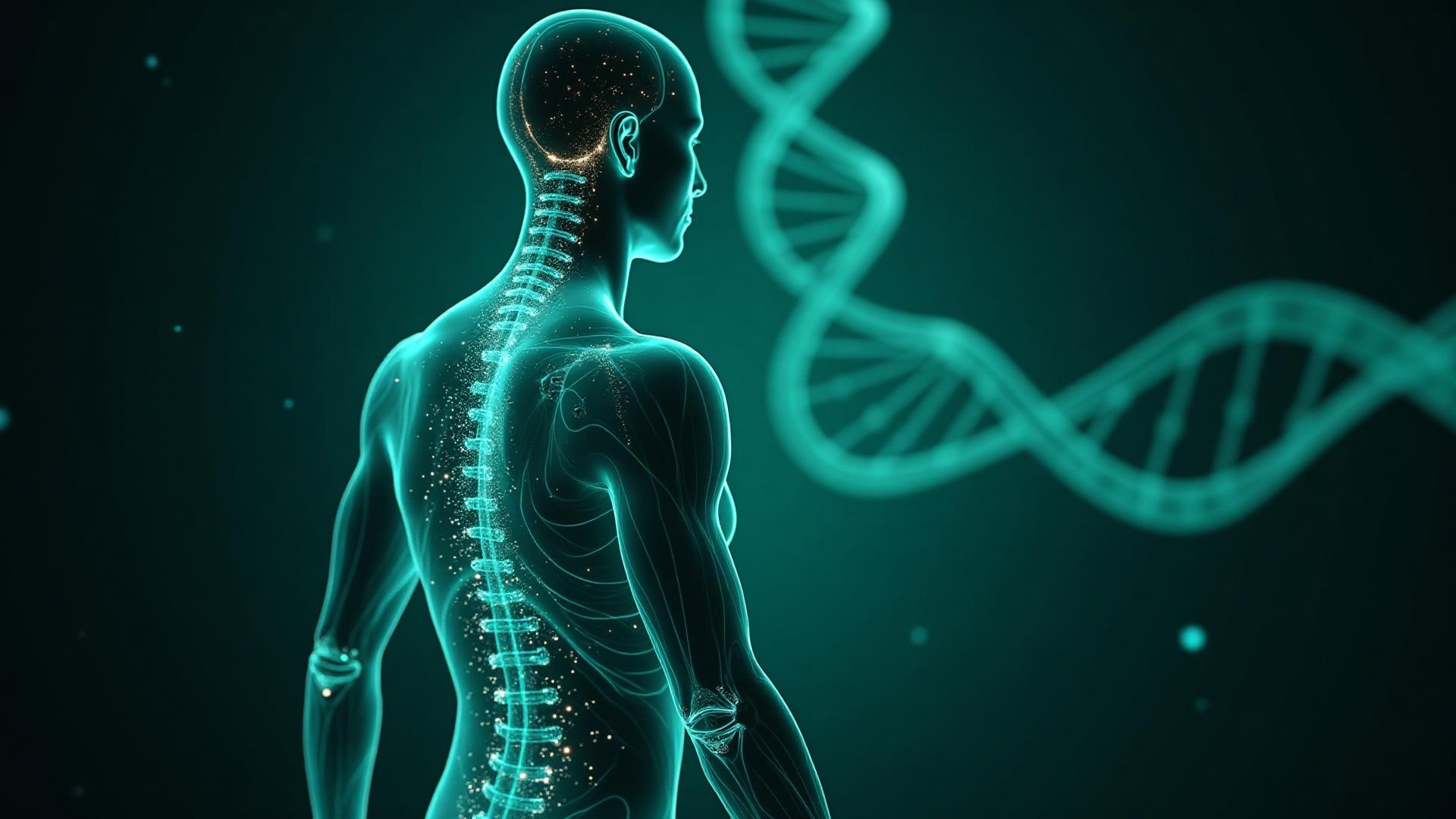 A translucent human figure in profile, spine lit from within, against a dark teal field.
